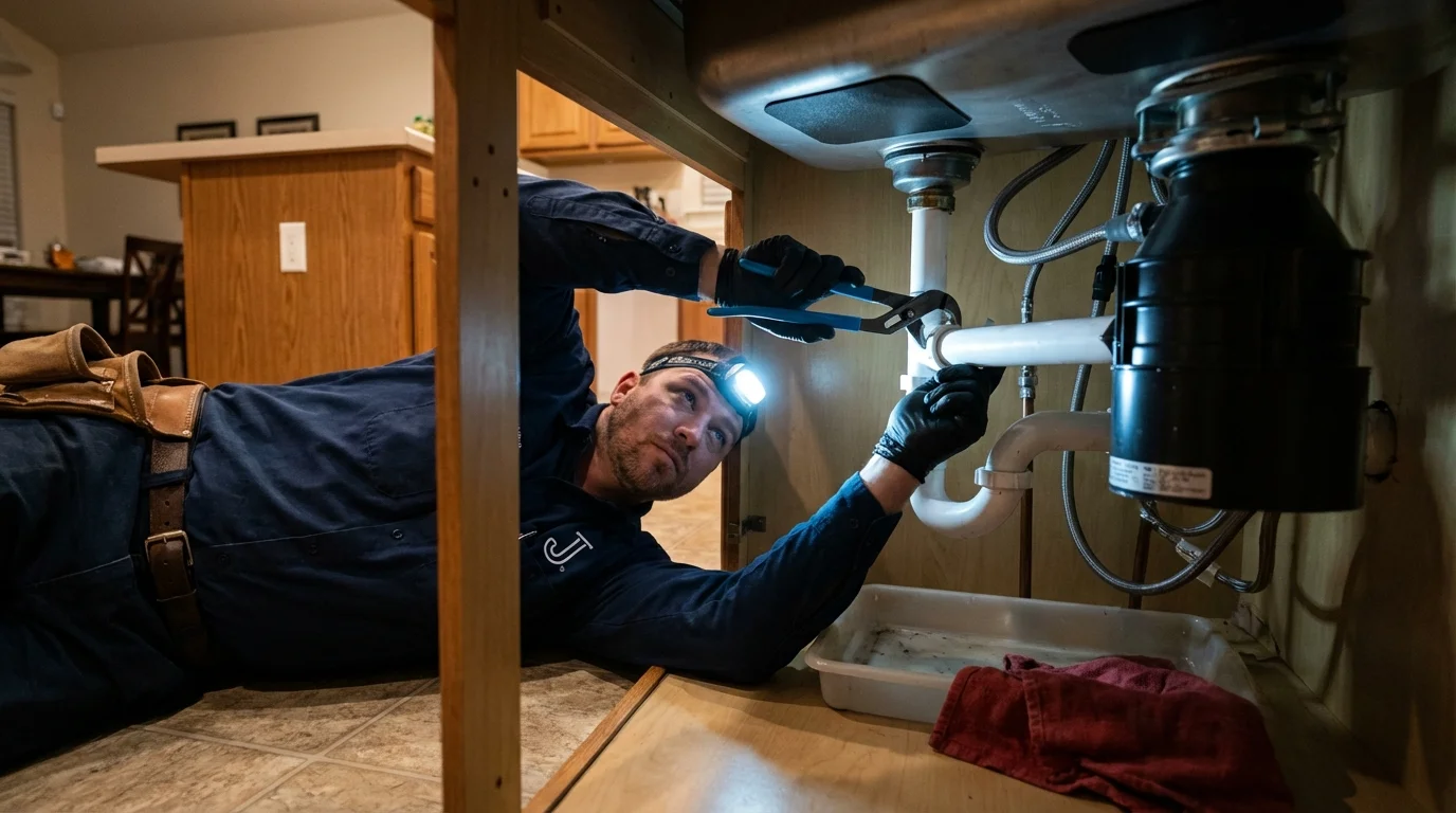 P-trap and supply line connections under a kitchen sink showing a common leak point in Holbrook, AZ